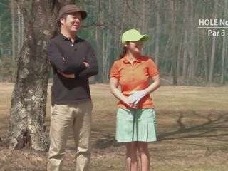 Golf fancy woman gets teased and creamed by two fellows